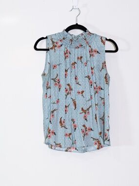 Rebecca Taylor Silk Chiffon Smocked Neck Sleeveless Floral Print Pattern Blouse